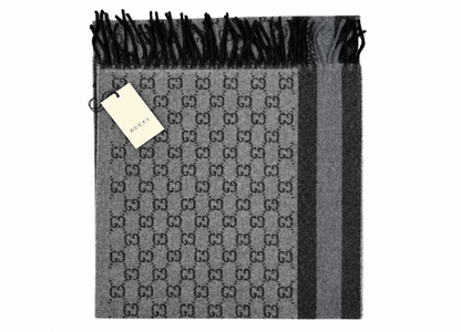 Gucci Monogram Grey Wool Scarf with Fringe