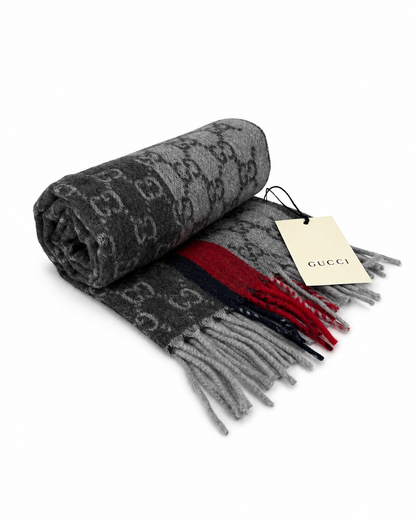 Gucci Monogram Grey Cashmere & Wool Scarf with Red & Black Stripe