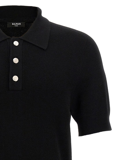 Balmain Black Merino Wool Polo Shirt