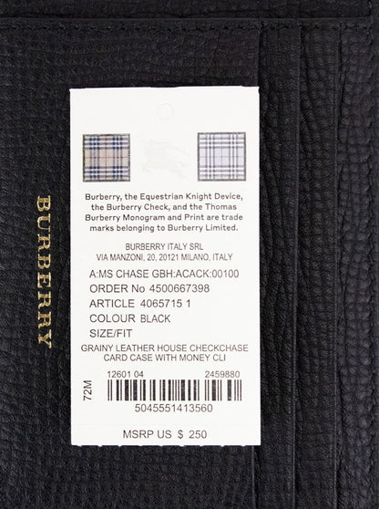 Burberry House Check Chase Black Grainy Leather Money Clip Card Case Wallet