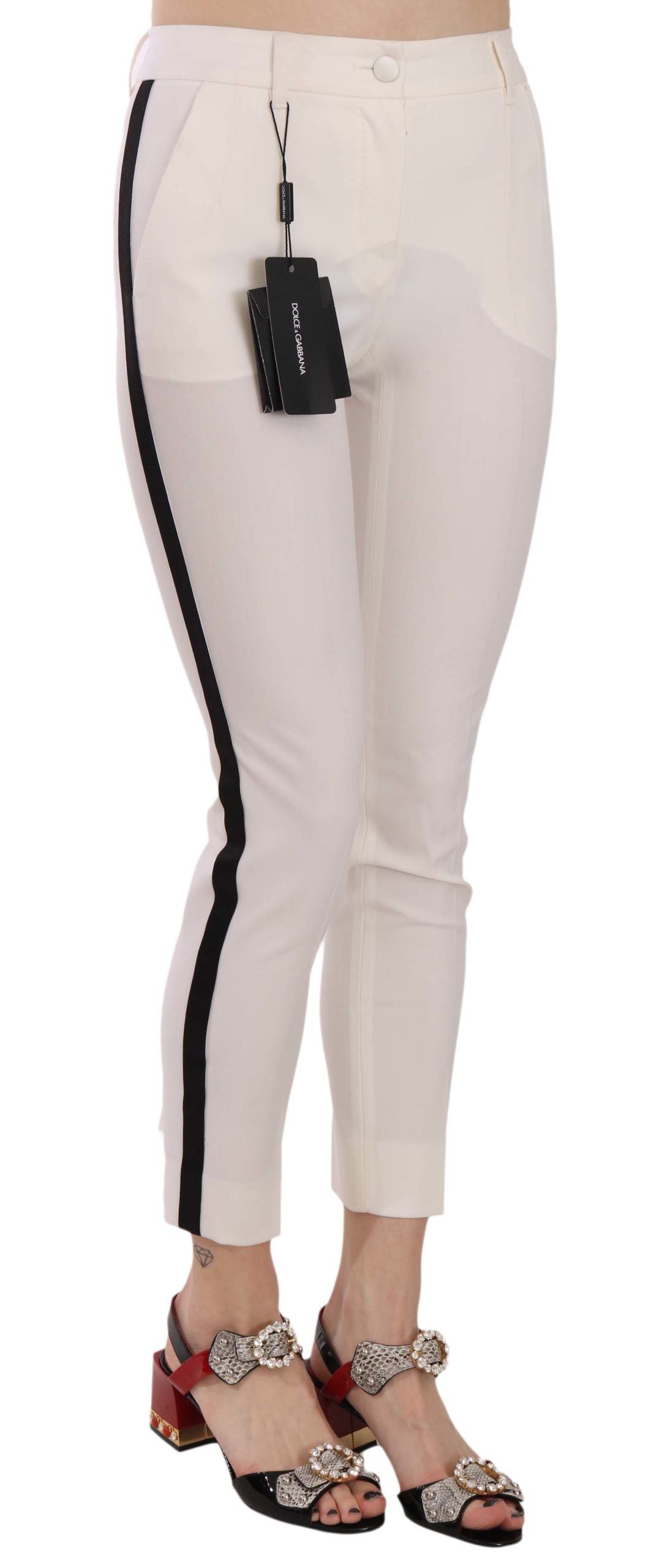 Pantalon Skinny Cropped à Rayures Latérales Blanc Dolce & Gabbana