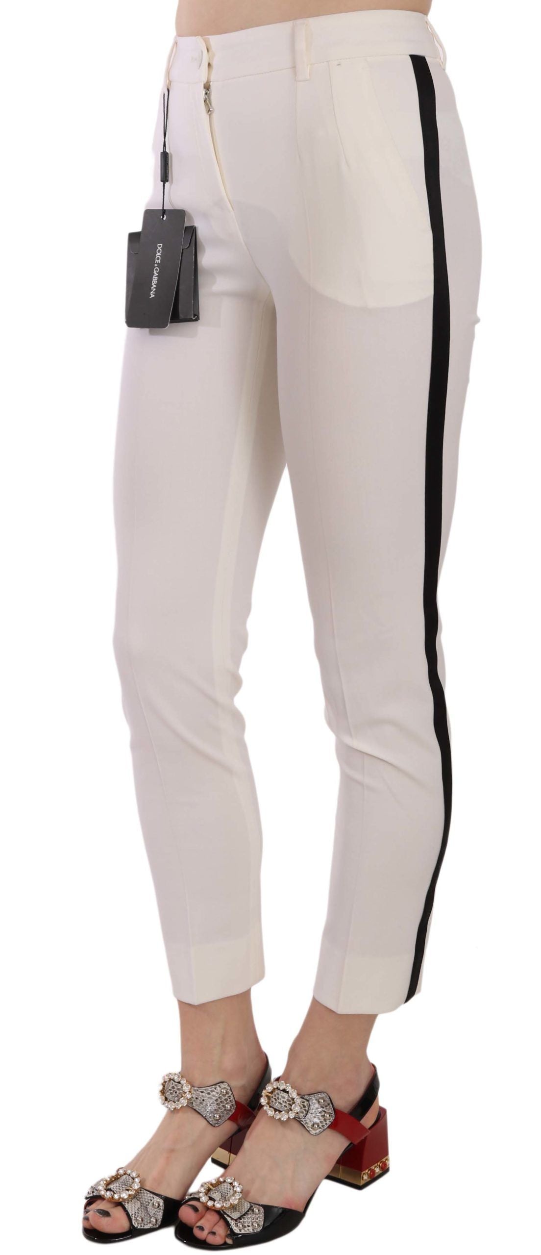 Pantalon Skinny Cropped à Rayures Latérales Blanc Dolce & Gabbana