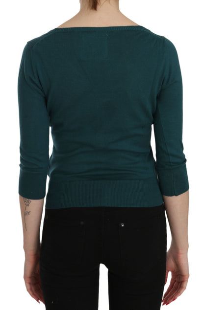 PINK MEMORIES Blue Green Cotton 3/4 Sleeve Cardigan Top Blouse