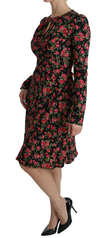 Robe longue à manches longues et motif floral noir Dolce & Gabbana