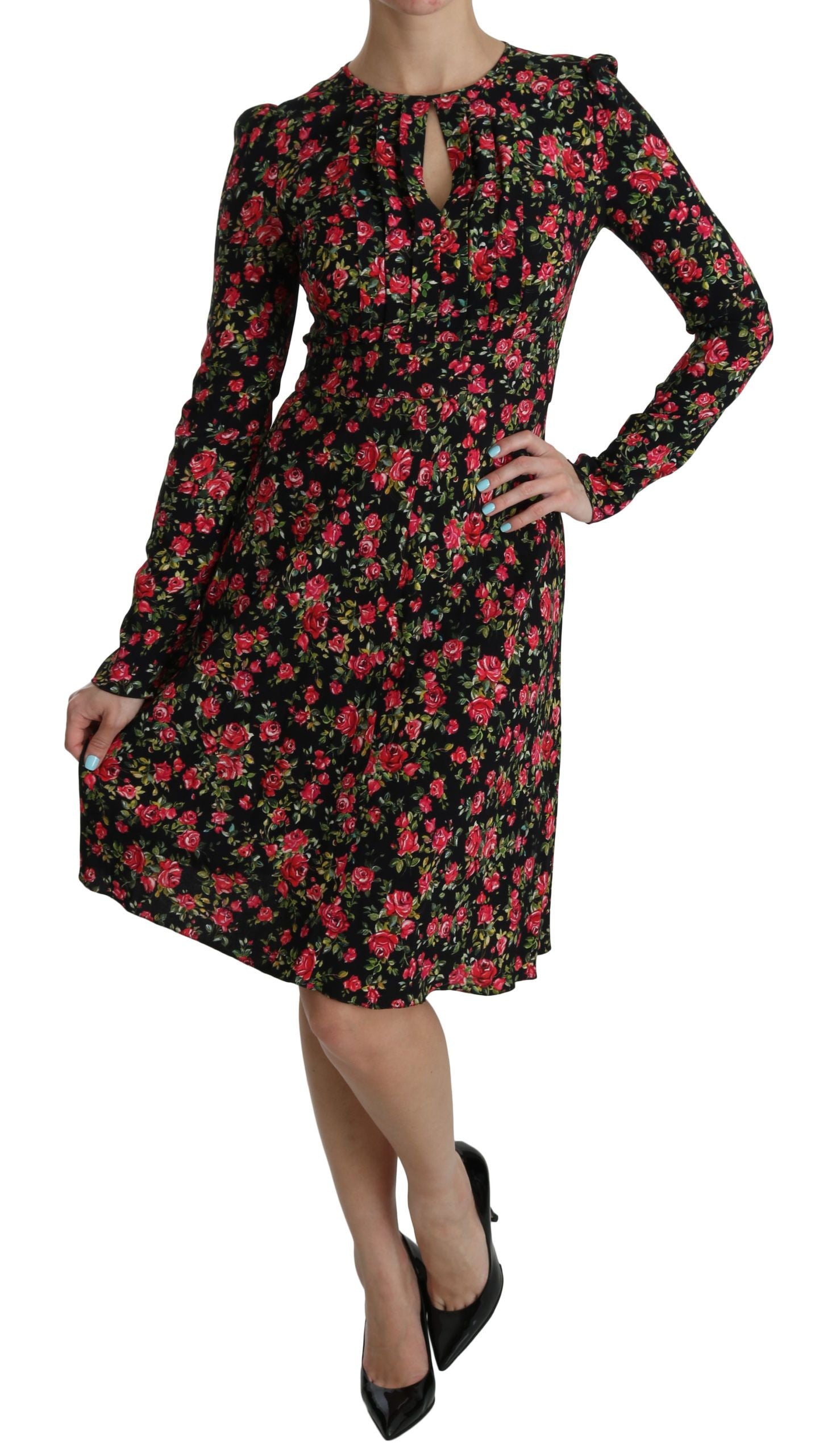 Robe longue à manches longues et motif floral noir Dolce & Gabbana