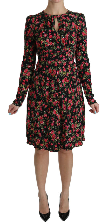 Robe longue à manches longues et motif floral noir Dolce & Gabbana