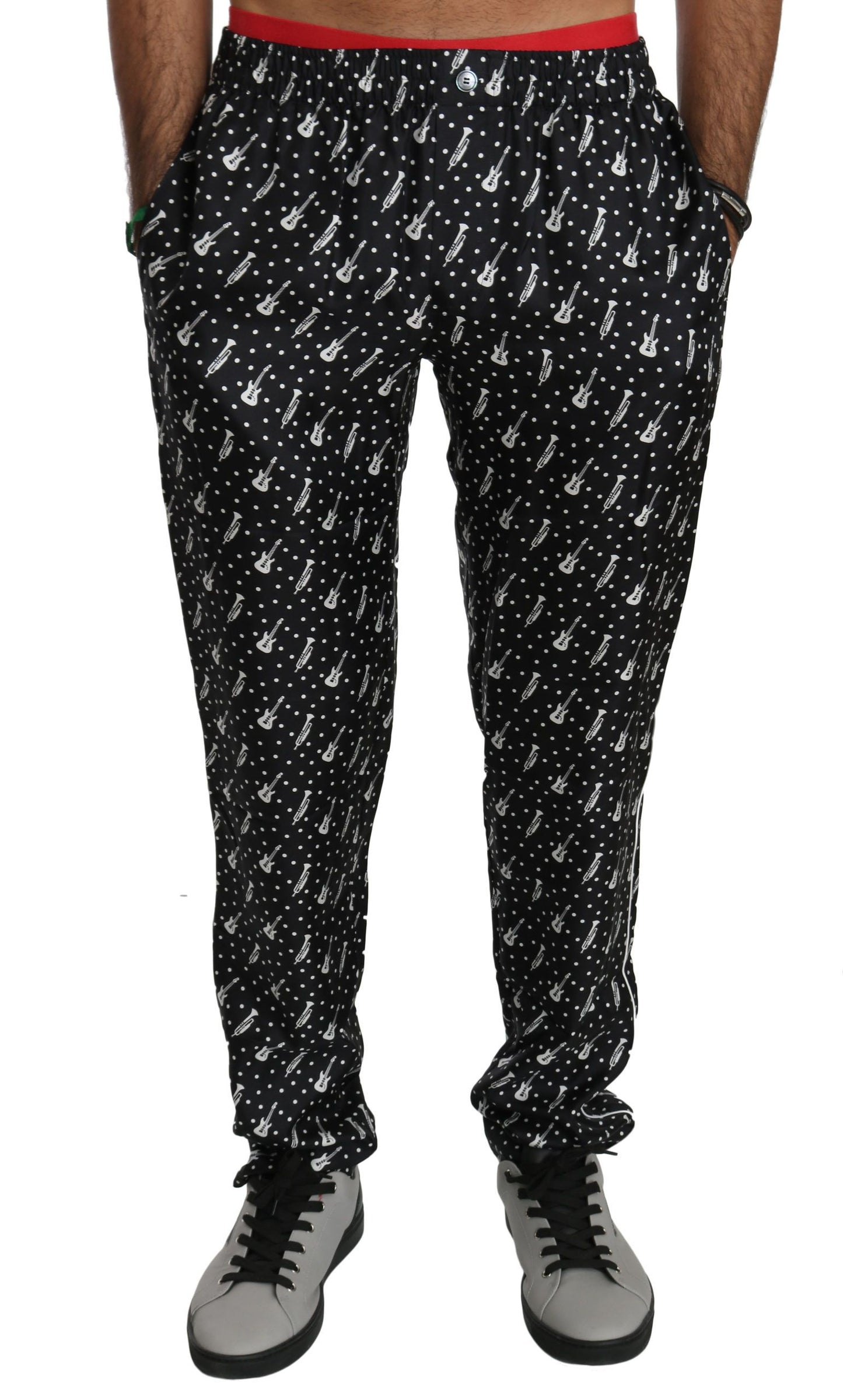Pantalon en soie noir Dolce & Gabbana motif instruments de musique