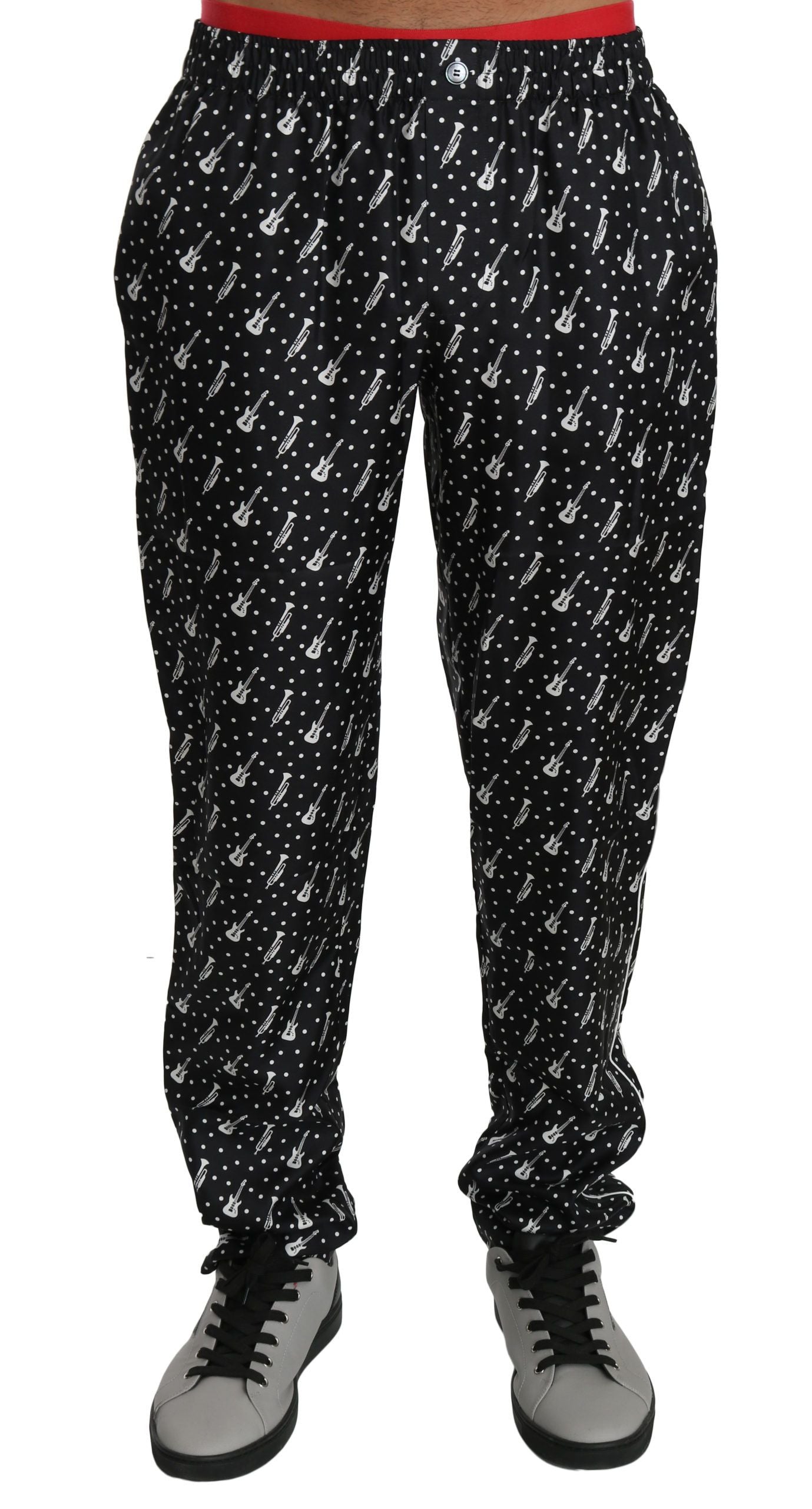 Pantalon en soie noir Dolce & Gabbana motif instruments de musique