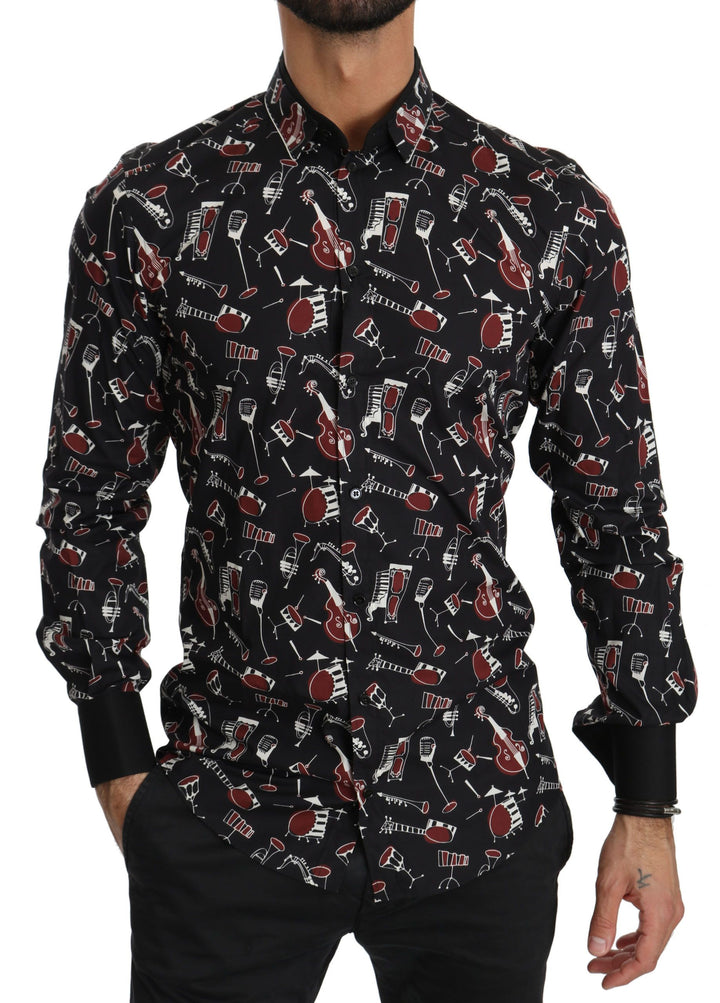 Camisa Dolce & Gabbana negra entallada con estampado de instrumentos musicales