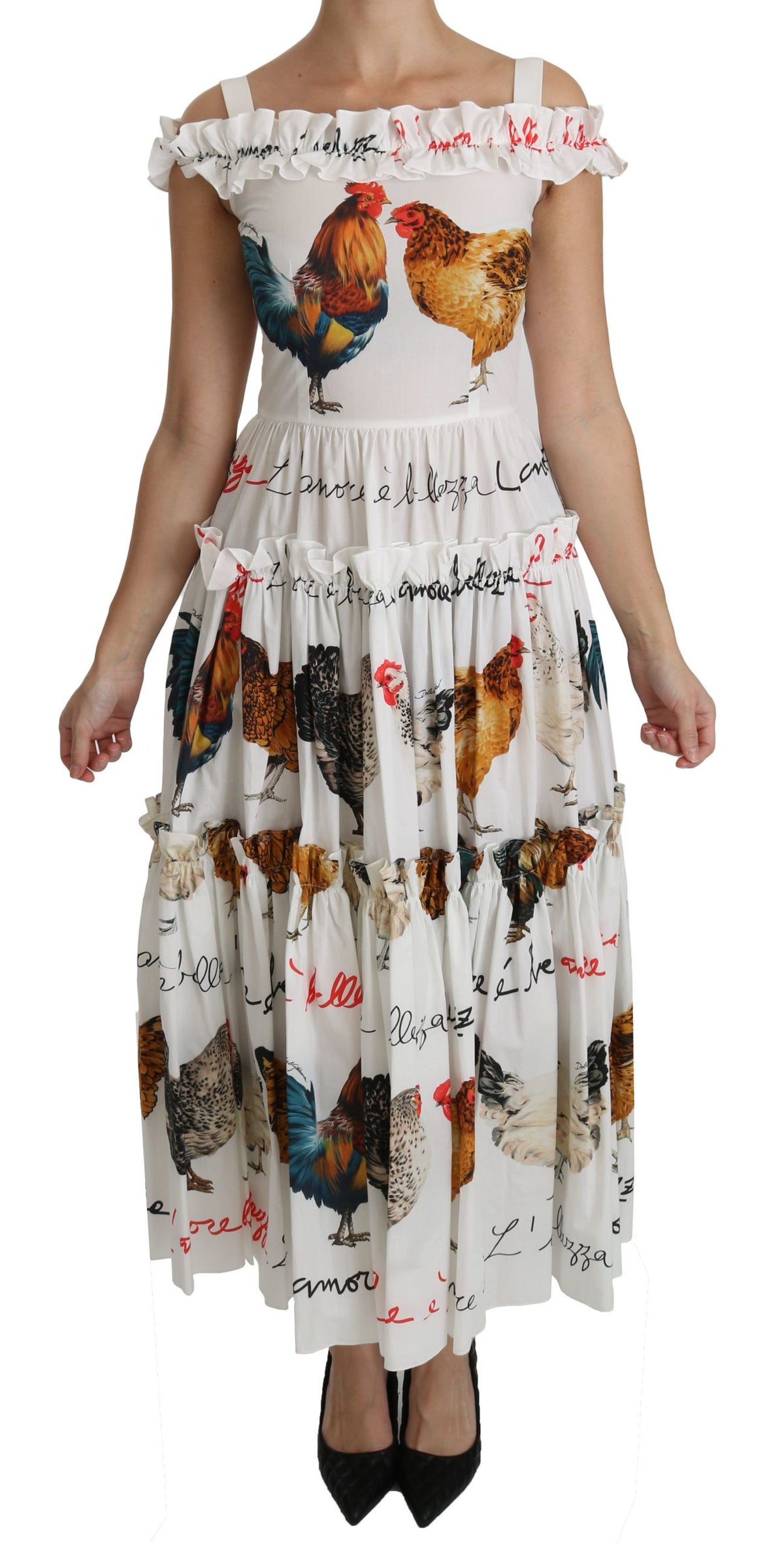 Vestido midi tubo de algodón blanco con estampado de gallo de Dolce & Gabbana