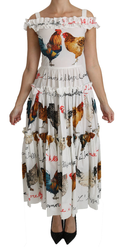 Vestido midi tubo de algodón blanco con estampado de gallo de Dolce & Gabbana
