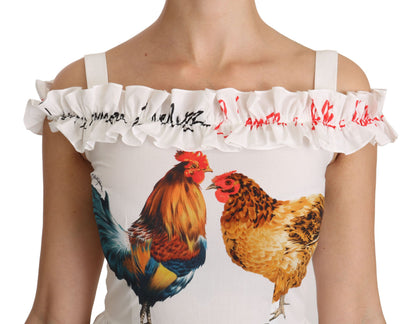 Vestido midi tubo de algodón blanco con estampado de gallo de Dolce & Gabbana