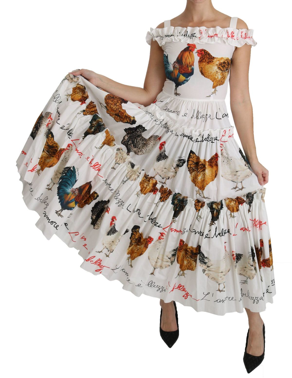 Vestido midi tubo de algodón blanco con estampado de gallo de Dolce & Gabbana