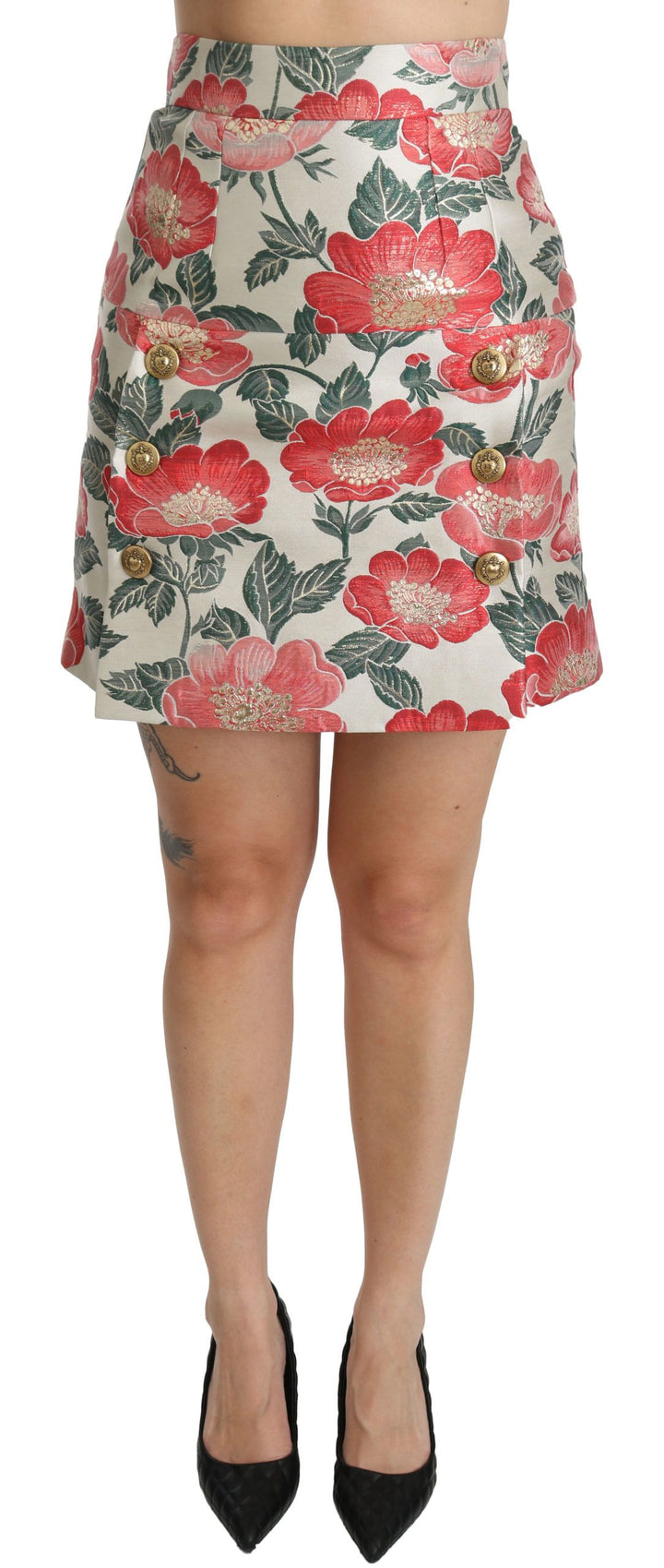 Minifalda de talle alto con estampado floral blanco, verde y rojo de Dolce & Gabbana