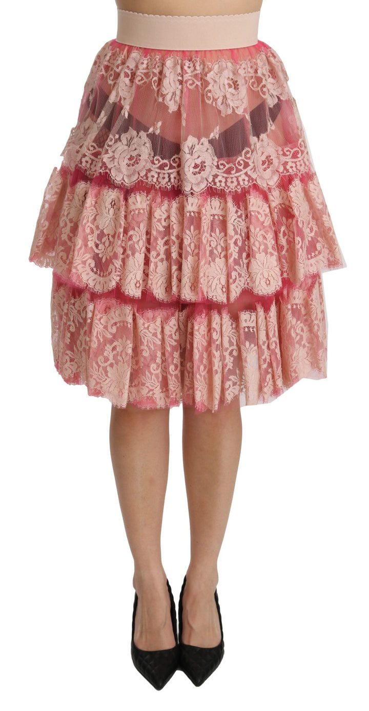 Falda Dolce & Gabbana de encaje rosa en capas de talle alto hasta la rodilla