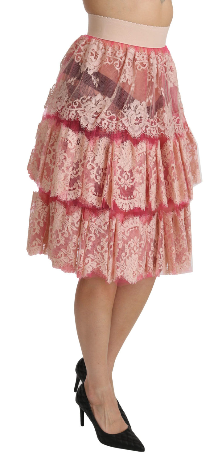 Falda Dolce & Gabbana de encaje rosa en capas de talle alto hasta la rodilla