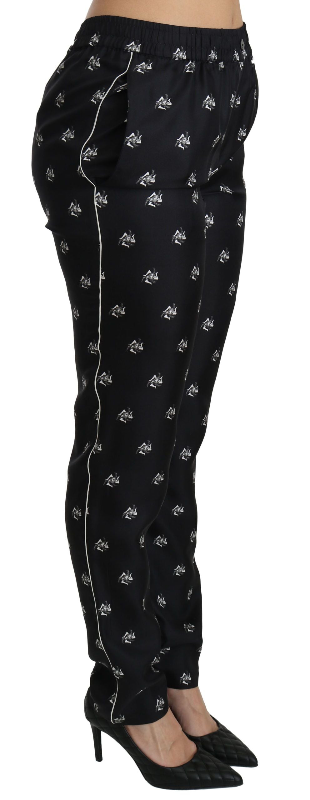 Pantalon skinny en soie Dolce & Gabbana noir imprimé taille mi-haute