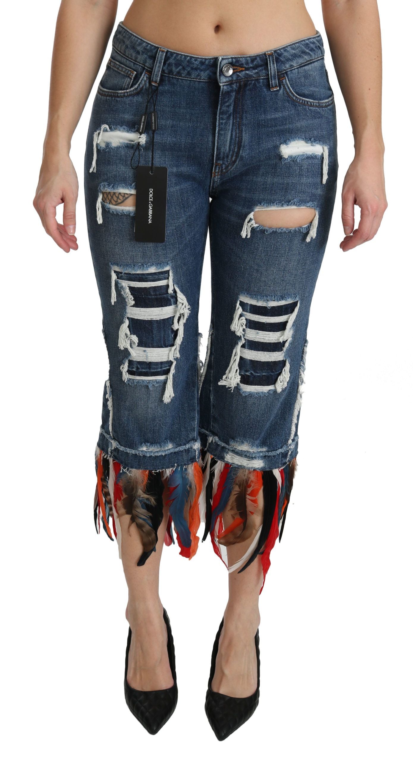 Jean en coton taille basse court Dolce & Gabbana Blue Feathers