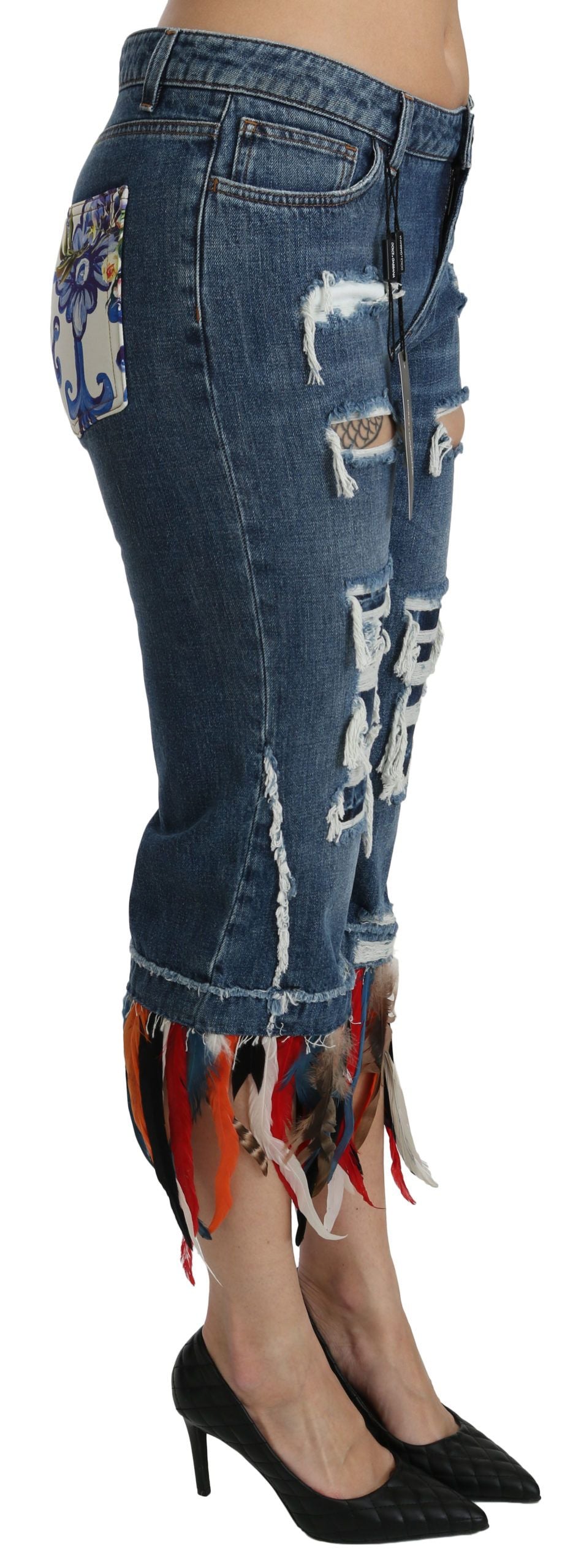 Jean en coton taille basse court Dolce & Gabbana Blue Feathers