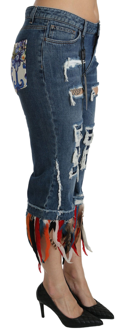 Jean en coton taille basse court Dolce & Gabbana Blue Feathers