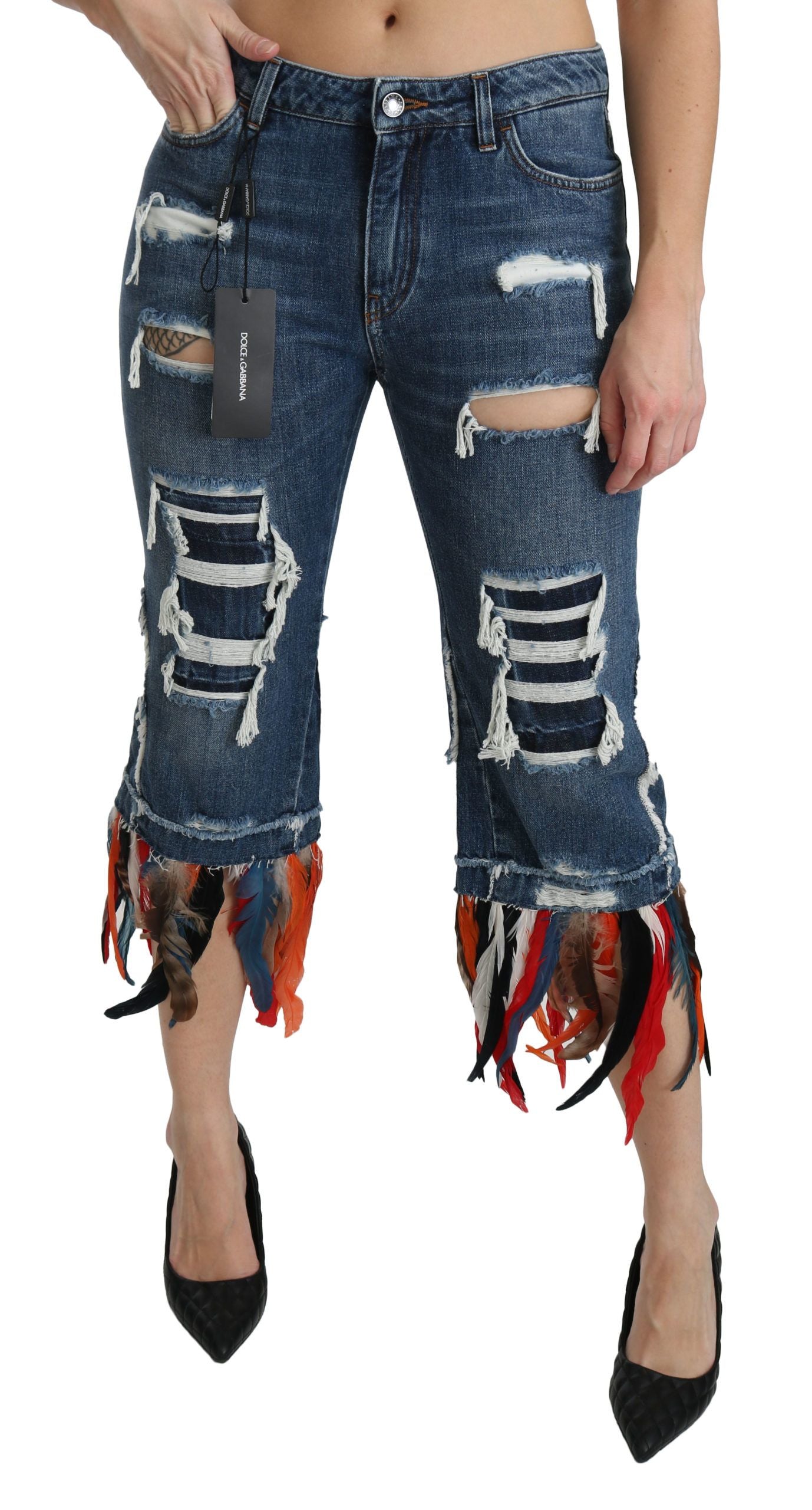 Jean en coton taille basse court Dolce & Gabbana Blue Feathers
