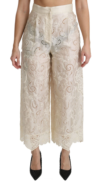 Pantalon cropped palazzo taille haute en dentelle crème Dolce & Gabbana