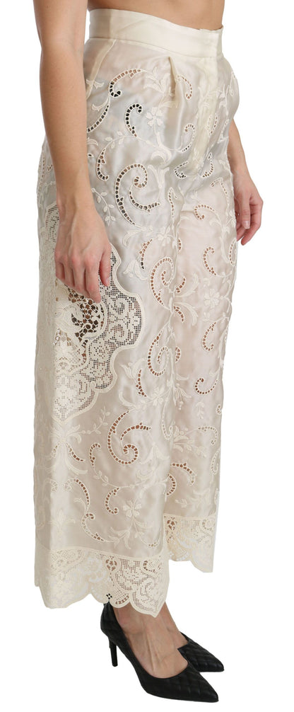 Pantalon cropped palazzo taille haute en dentelle crème Dolce & Gabbana