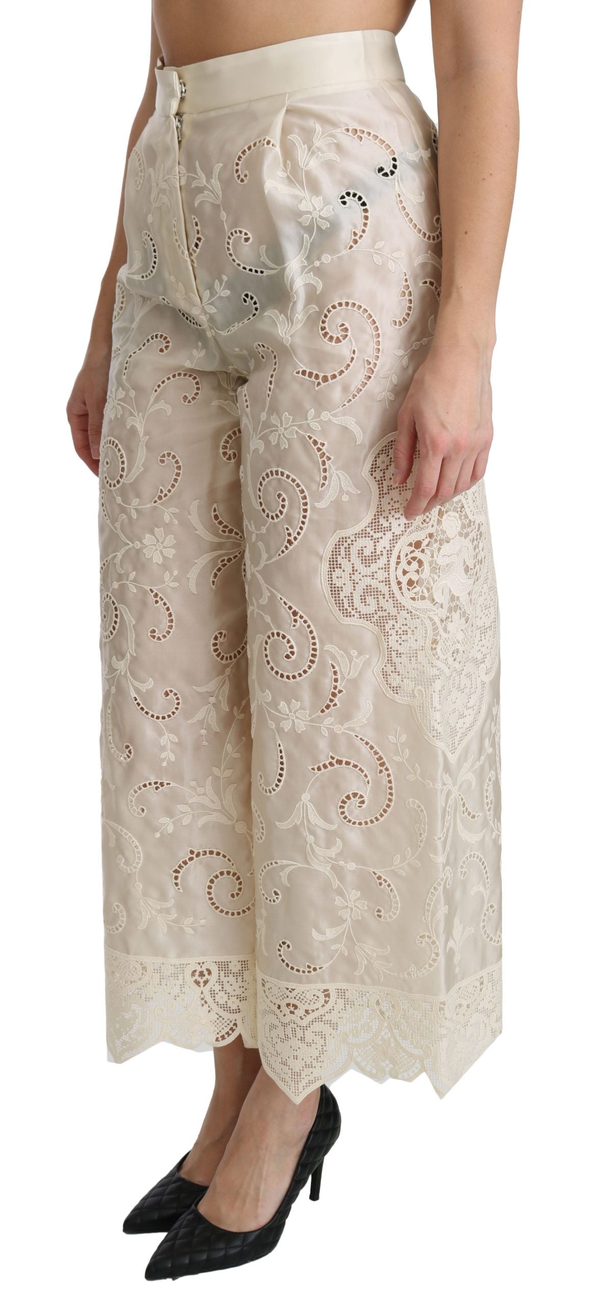 Pantalon cropped palazzo taille haute en dentelle crème Dolce & Gabbana