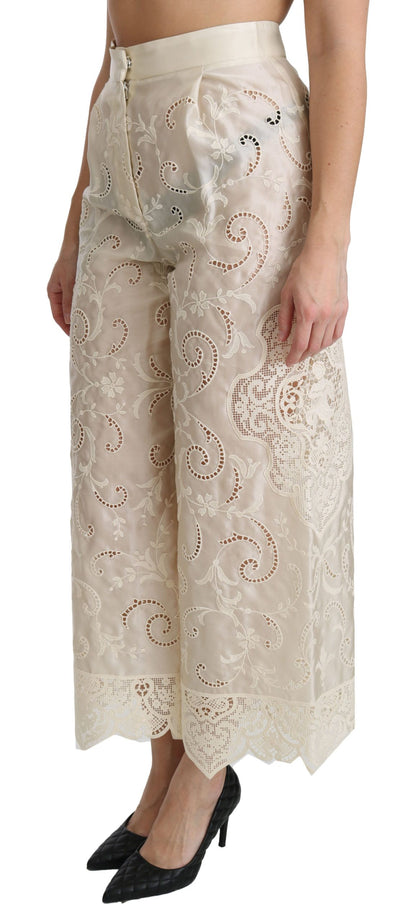 Pantalon cropped palazzo taille haute en dentelle crème Dolce & Gabbana