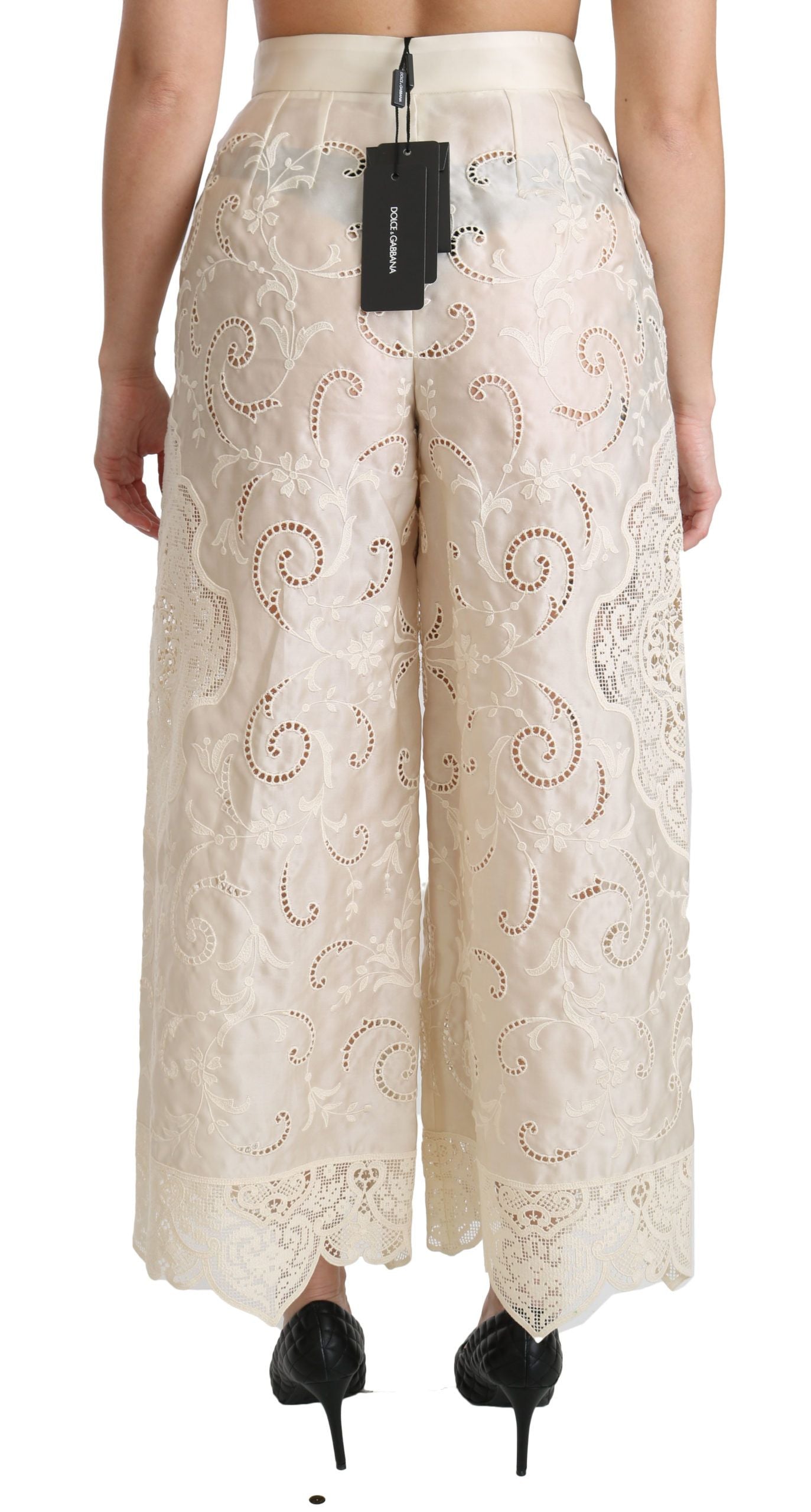 Pantalon cropped palazzo taille haute en dentelle crème Dolce & Gabbana