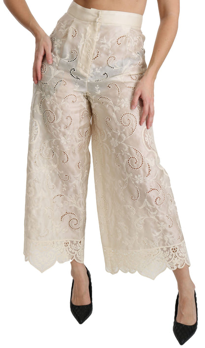 Pantalon cropped palazzo taille haute en dentelle crème Dolce & Gabbana