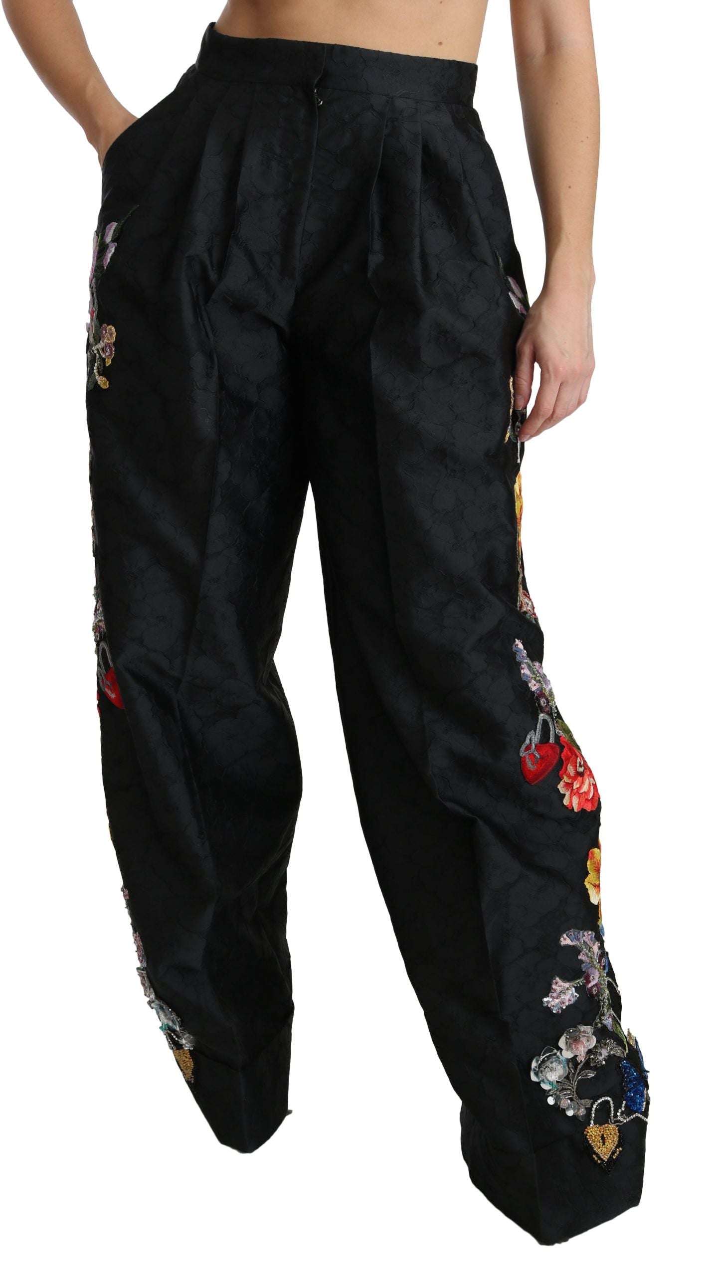 Pantalon Dolce & Gabbana en brocart noir à fleurs, sequins et perles