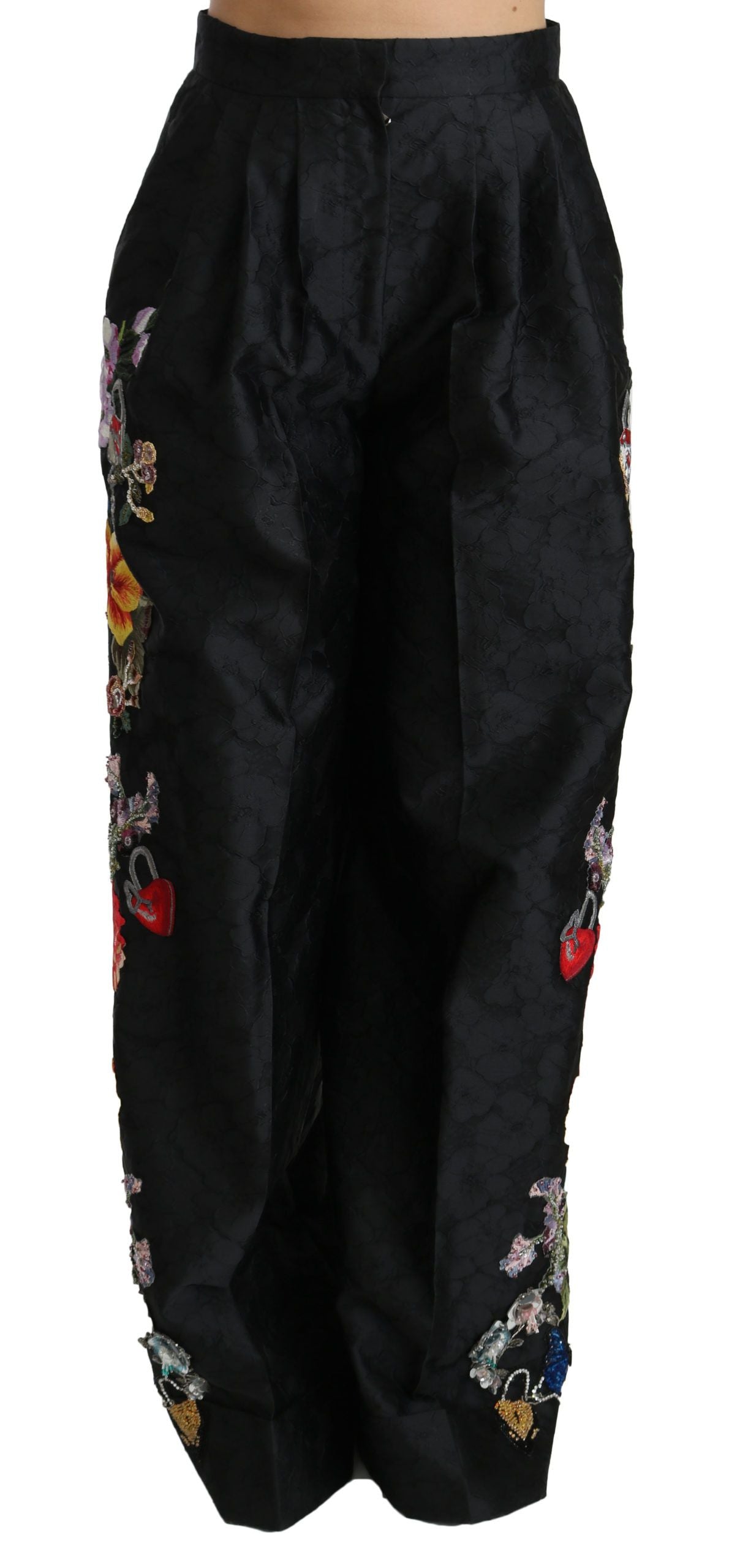 Pantalon Dolce & Gabbana en brocart noir à fleurs, sequins et perles