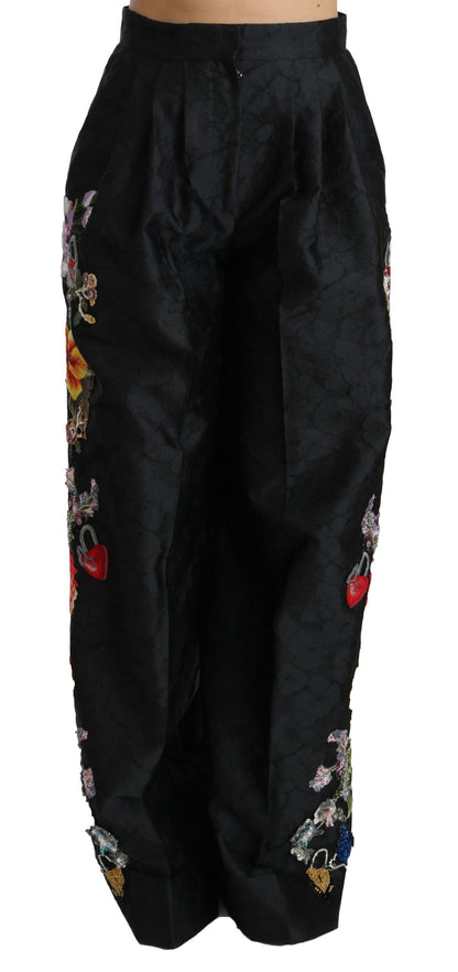Pantalon Dolce & Gabbana en brocart noir à fleurs, sequins et perles