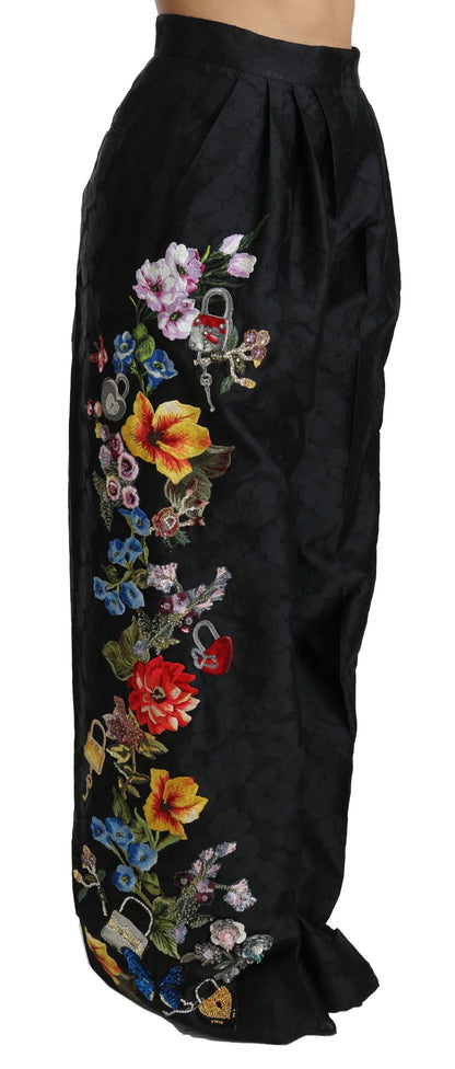 Pantalon Dolce & Gabbana en brocart noir à fleurs, sequins et perles