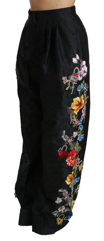 Pantalon Dolce & Gabbana en brocart noir à fleurs, sequins et perles