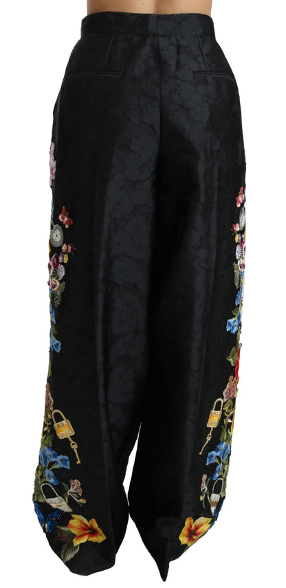 Pantalon Dolce & Gabbana en brocart noir à fleurs, sequins et perles