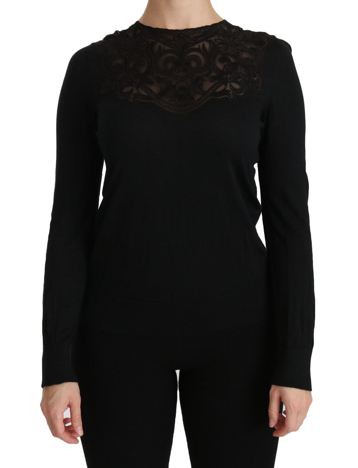 Blusa Dolce & Gabbana de seda negra con encaje, cuello redondo y manga larga