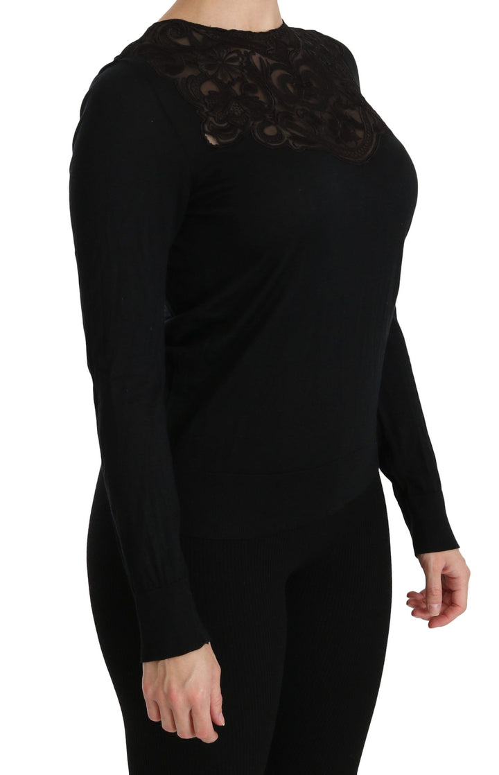 Blusa Dolce & Gabbana de seda negra con encaje, cuello redondo y manga larga