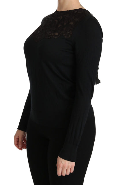 Chemisier noir Dolce & Gabbana en soie avec dentelle, col rond et manches longues