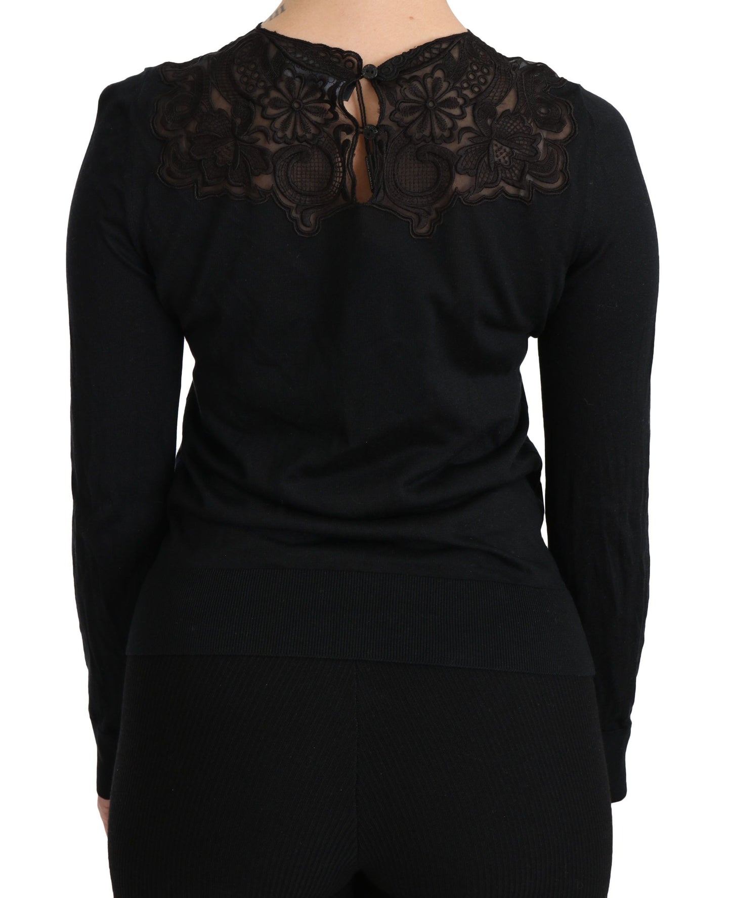 Chemisier noir Dolce & Gabbana en soie avec dentelle, col rond et manches longues
