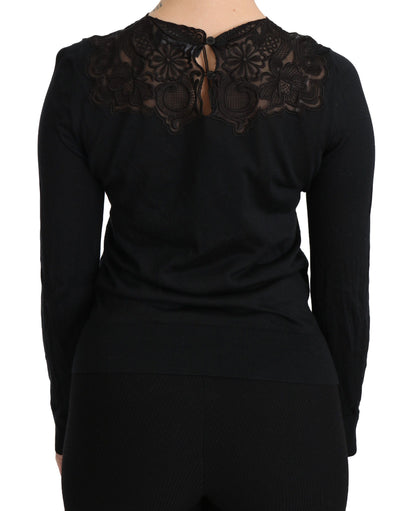 Chemisier noir Dolce & Gabbana en soie avec dentelle, col rond et manches longues