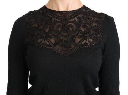Chemisier noir Dolce & Gabbana en soie avec dentelle, col rond et manches longues