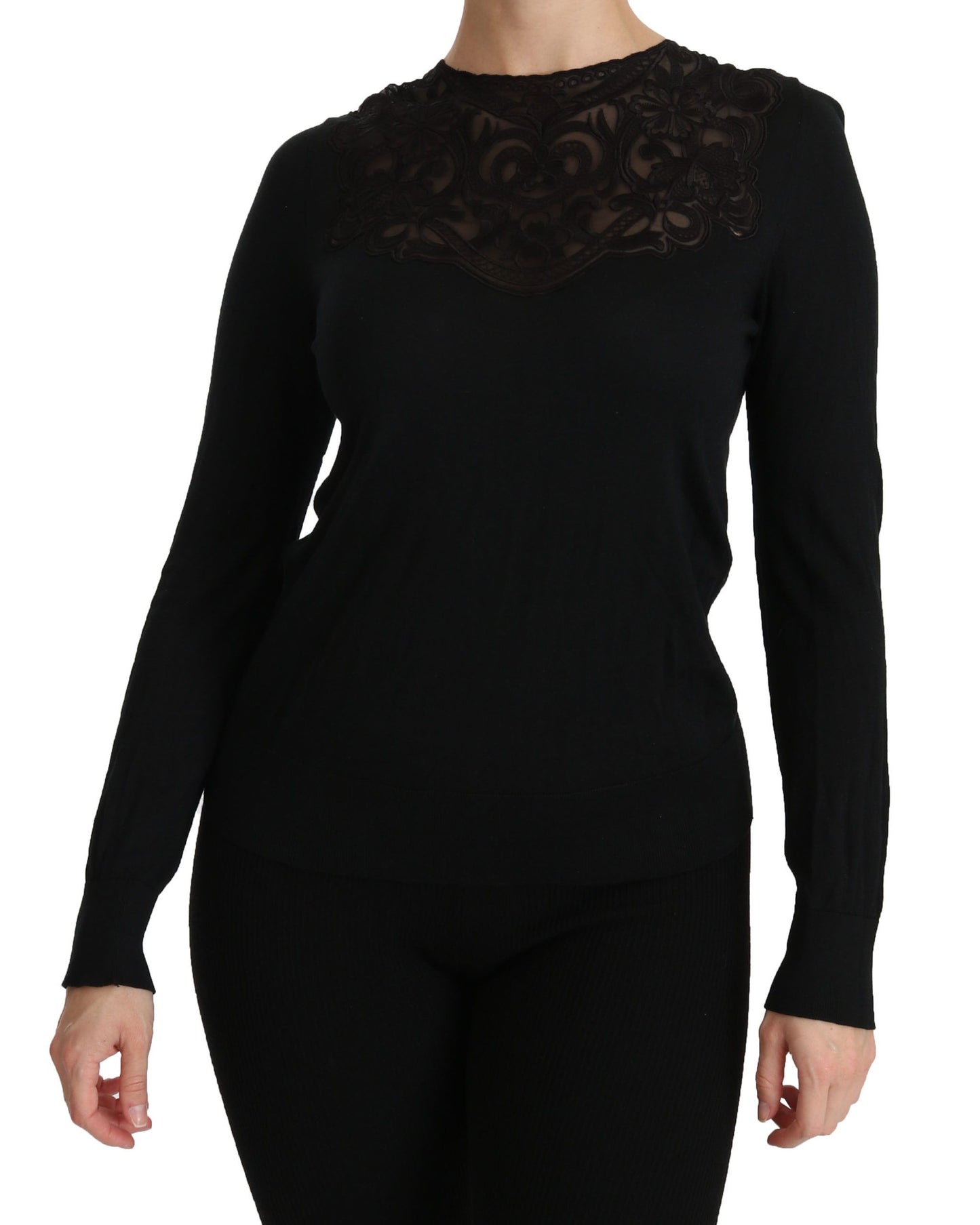 Chemisier noir Dolce & Gabbana en soie avec dentelle, col rond et manches longues