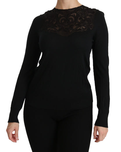 Chemisier noir Dolce & Gabbana en soie avec dentelle, col rond et manches longues