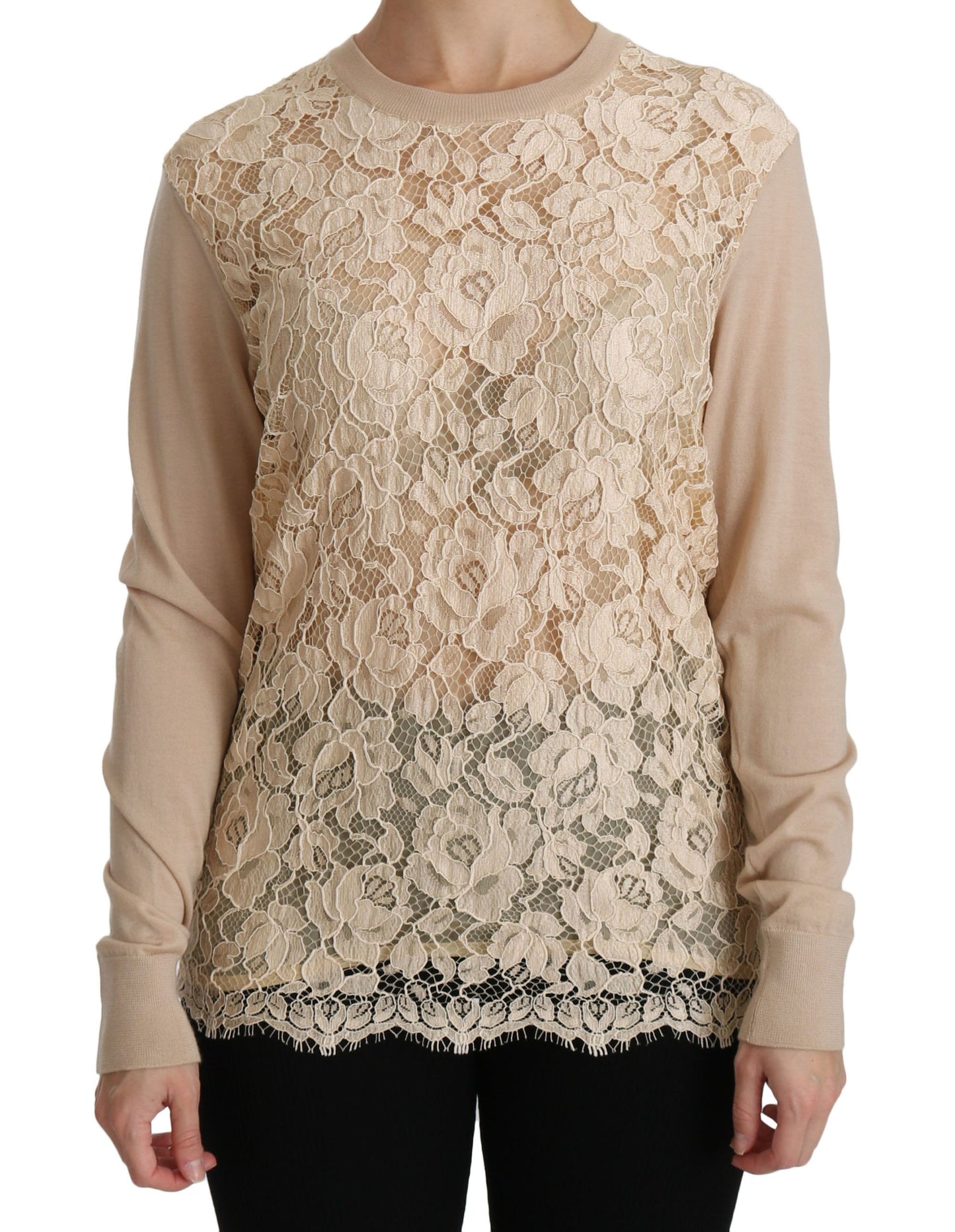 Haut à manches longues en dentelle beige Dolce & Gabbana, chemisier en cachemire