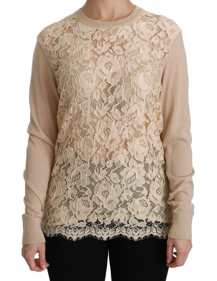 Dolce & Gabbana Blusa de manga larga de encaje beige de cachemir