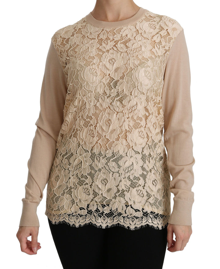 Dolce & Gabbana Blusa de manga larga de encaje beige de cachemir