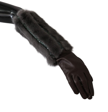 Gants en cuir et fourrure mi-longs marron Dolce & Gabbana