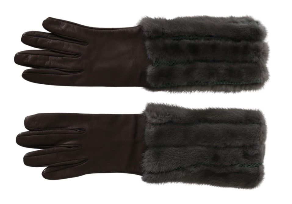 Gants en cuir et fourrure mi-longs marron Dolce & Gabbana
